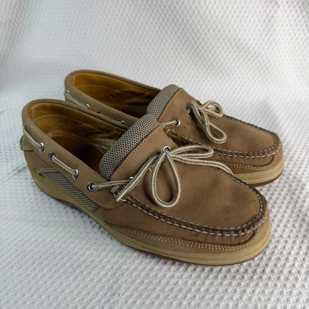Cabelas Mens Tan Leather Mesh Boat Shoes Loafers 8.5W Coastal Slide On Rubber